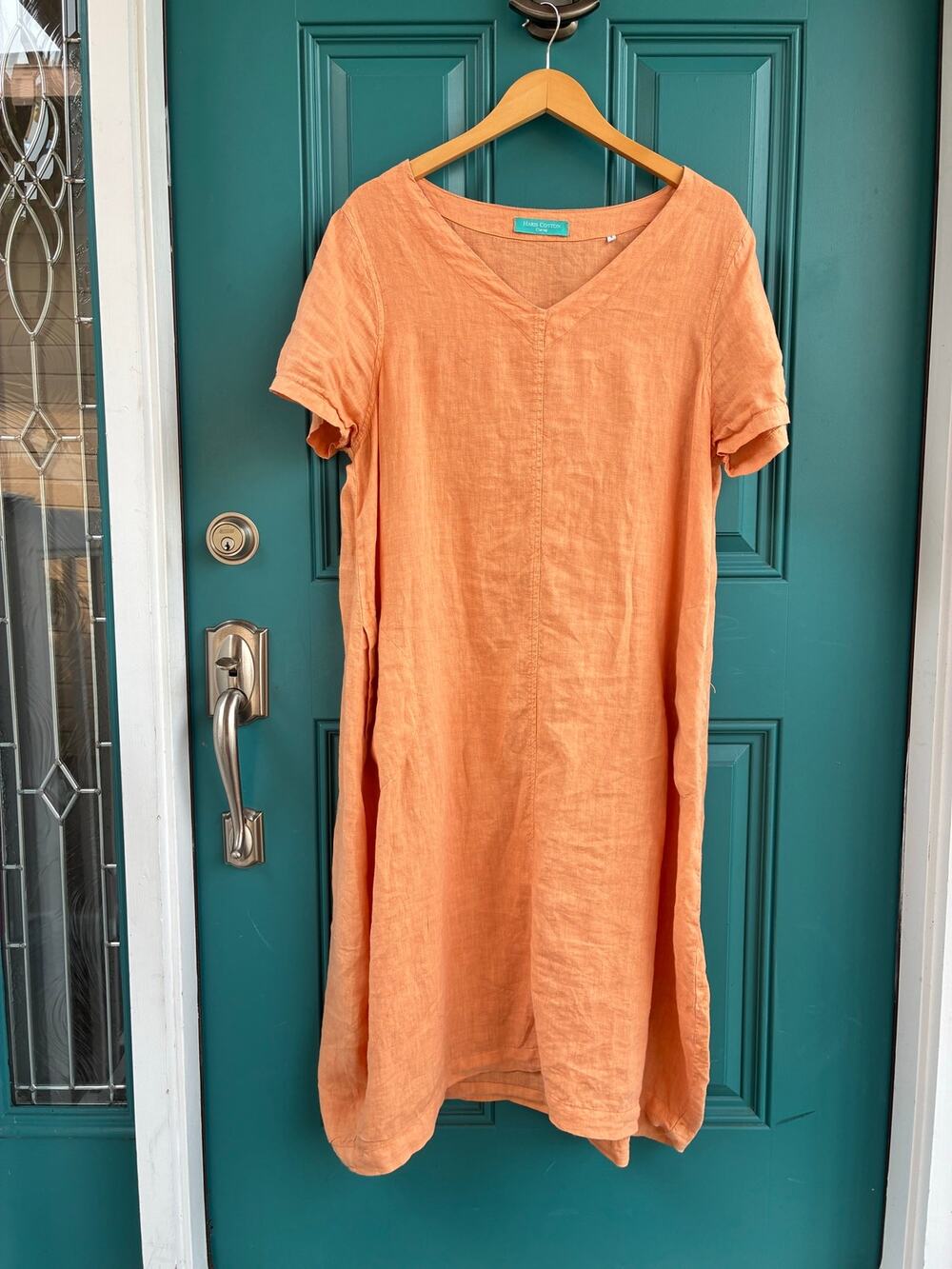 Haris Cotton Curve Dress Linen Maxi V-Neck Short Sleeve Pockets Apricot Orange S